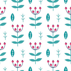 Scandinavian flowers, leaves seamless pattern background,  hand drawn trendy style. Wrapping paper, floral textile, background fill . .