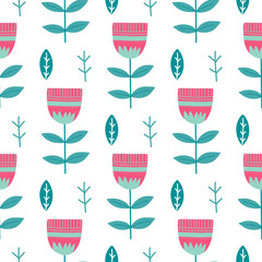 Scandinavian flowers, leaves seamless pattern background,  hand drawn trendy style. Wrapping paper, floral textile, background fill . .