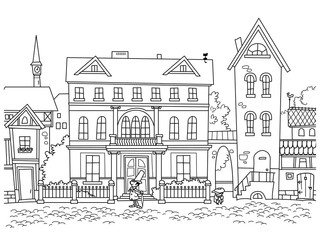 Old town street. Coloring book. Cartoon vector illustration