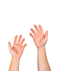 Male bare hands with open palms raising up against white background