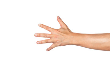 Back side of a man's arm stretching out with palm open wide and all fingers pointing outward