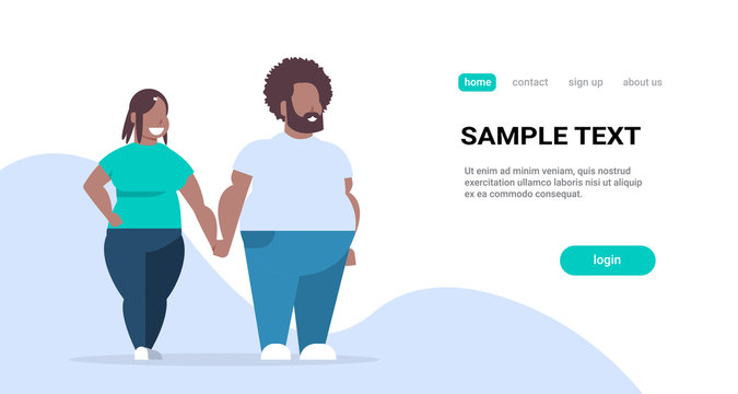 Fatty Couple Standing Together African American Overweight Man Woman Holding Hands Smiling Over Size Girl With Guy Unhealthy Lifestyle Obesity Concept Full Length Copy Space Horizontal