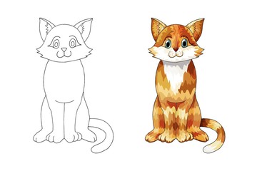 Hand drawn ginger cartoon cat for children coloring book page or tattoo