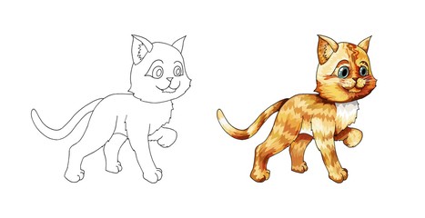 Cute cartoon kitten. Ginger hand drawn doodle animal. Sketch for coloring page