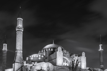Fototapeta premium Hagia Sophia Museum night view in black and white color, Istanbul, Turkey
