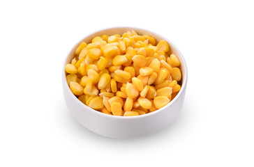 corn in a bowl on a white background.