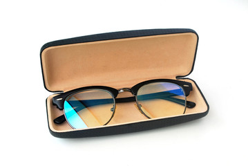 Blue glasses filter box on white background.