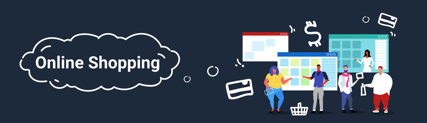 people using computer application online market shopping concept men women customers choosing and buying goods sketch doodle full length horizontal