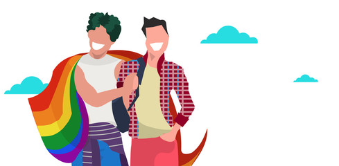 Couple gays holding LGBT rainbow flag love