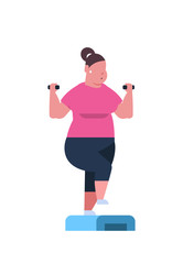 fat overweight woman holding dumbbells doing squats on step platform obese girl training in gym workout weight loss concept flat white background vertical