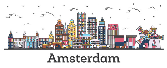 Outline Amsterdam Netherlands City Skyline with Color Buildings Isolated on White. - obrazy, fototapety, plakaty