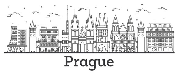 Outline Prague Czech Republic City Skyline with Historic Buildings Isolated on White. - obrazy, fototapety, plakaty