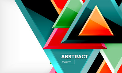 Triangles repetiton geometric abstract background, multicolored glossy triangular shapes, hi-tech poster cover design or web presentation template with copy space