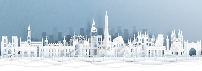 Panorama postcard and travel poster of world famous landmarks of europe, Holland, France, Germany, Belgium, Spain and England in paper cut style vector illustration © ChonnieArtwork 