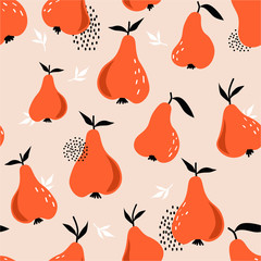 Pears background. Hand drawn overlapping backdrop. Colorful wallpaper vector. Seamless pattern with fruits collection. Decorative illustration, good for printing. Design poster