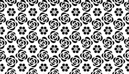 Flower geometric pattern with roses. Seamless vector background. White and black ornament. Ornament for fabric, wallpaper, packaging. Decorative print