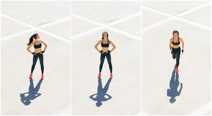 Young, fit and sporty woman doing sports at the stret. Fitness, sport, urban jogging and healthy...