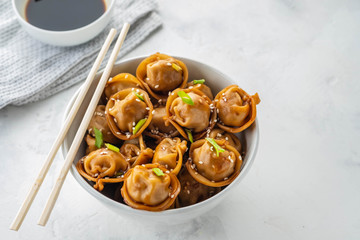 Fried dumplings with soy sauce with pepper and green onions. Asian cuisine. Copy space.