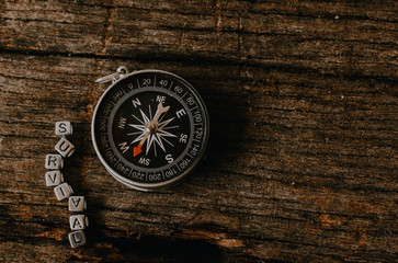 Compass on wood deck with blocks of letters making the word survival.