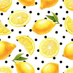 Watercolor hand drawn seamless pattern with yellow lemons and black dots on white background