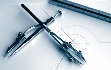 vintage classic drafting drawing tool: double head ruling pen, scales rule and compass © FERNANDO