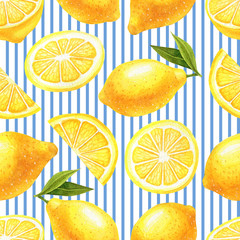 Modèle sans couture aquarelle dessinés à la main avec des citrons jaunes et des rayures bleues sur fond blanc