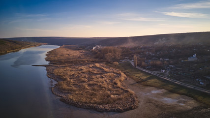 arial view over the river at sunset