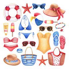 Watercolor summer fashion set with woman beach accessories. Hand drawn sunglasses, hats, bags, swimsuits, ball, lifebuoy, ice cream and shoes