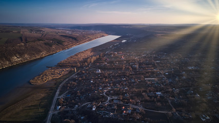 arial view over the river at sunset