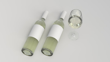 Mockup of two bottles of white wine with glass