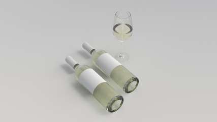 Mockup of two bottles of white wine with glass