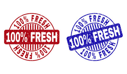 Grunge 100 Percents FRESH round watermarks isolated on a white background. Round seals with grunge texture in red and blue colors. Vector rubber watermark of 100 Percents FRESH label inside circle