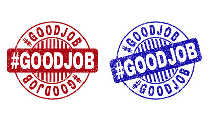 Grunge Hashtag GOODJOB round stamp seals isolated on a white background. Round seals with grunge texture in red and blue colors. Vector rubber overlay of Hashtag GOODJOB title inside circle form with