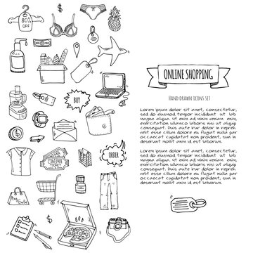Hand drawn doodle set of Online shopping icons. Vector illustration set. Cartoon buying symbols. Sketchy elements collection: laptop, sale, food, grocery, clothing, cart, wallet, credit card, tag, bag