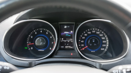 Modern car speedometer. Close up shot of the dashboard