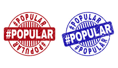 Grunge Hashtag POPULAR round stamp seals isolated on a white background. Round seals with grunge texture in red and blue colors. Vector rubber overlay of Hashtag POPULAR caption inside circle form