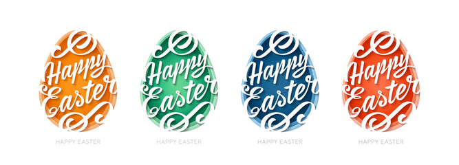 Set of Abstract paper cut illustration of egg with happy easter calligraphy on white background different colors - 259279092