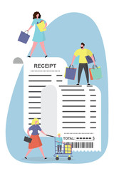 Receipt bill and people with gifts,shopping trolley,shopping bags.Sale and retail concept.