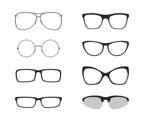 Set of differents glasses, isolated on white background. Black silhouettes of modern glasses