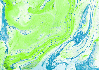 Contemporary painting. Abstraction. Unique hand painted image for creative design of posters, wallpapers. Modern piece of art. Mixed media artwork. Unusual artistic style. Blue and green liquid paints