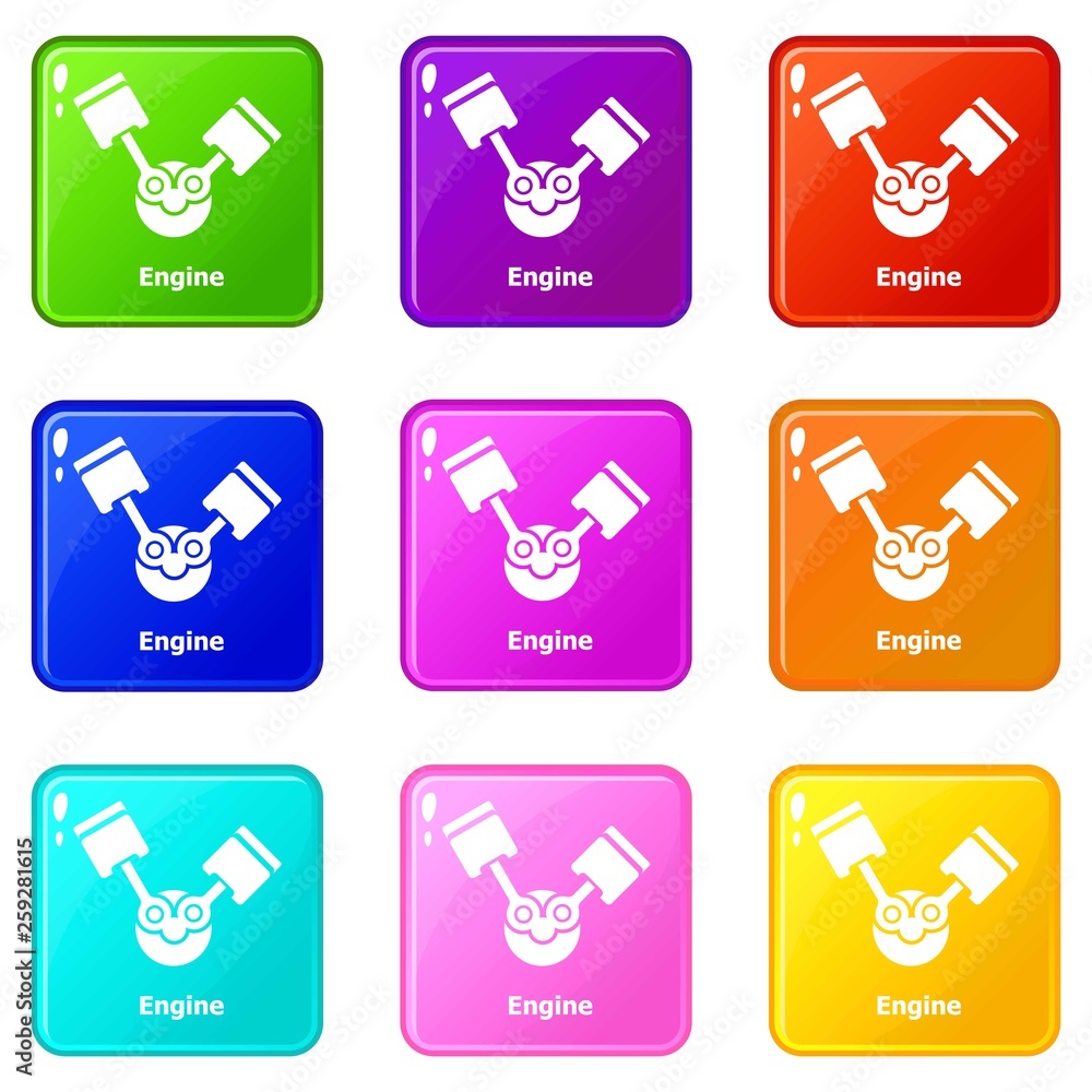 Poster engine icons set 9 color collection isolated on white for any design