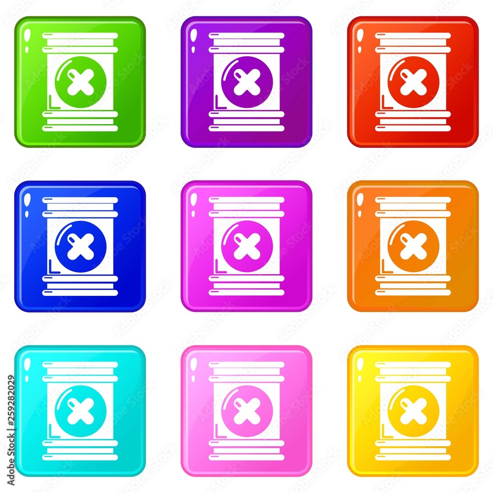 Poster toxic waste container icons set 9 color collection isolated on white for any design