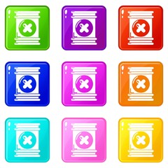 Toxic waste container icons set 9 color collection isolated on white for any design