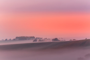 Amazing nature landscape in morning fog sunrise. Autumn scenic landscape of South Moravia in Czech Republic