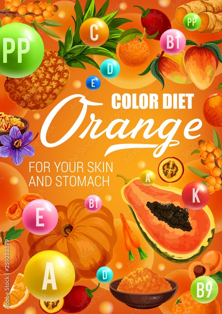 Wall mural orange fruits and vegetables. color diet food