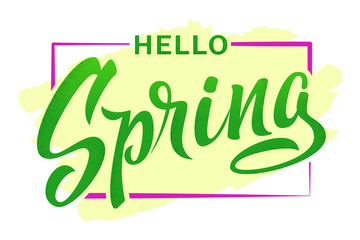 Hello Spring hand sketched logotype. Spring lettering web banner template in trendy colors. Vector illustration for greeting card, invitation template, banner, poster, website. 