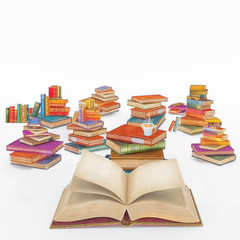 3D illustration rendering  cartoon of   many multi colored vintage books on white background .Concept art.