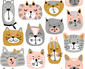 Vector seamless pattern with hand drawn colorful cat faces.