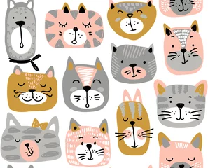 Fotobehang Katten Vector naadloos patroon met hand getrokken kleurrijke kattengezichten.