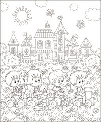 Small children playing on a toy train on a playground in a park of a town, black and white vector illustration in a cartoon style for a coloring book